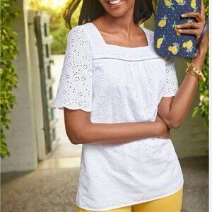 Talbots White Eyelet Short Sleeve Square Neck Pullover Top Womens Large